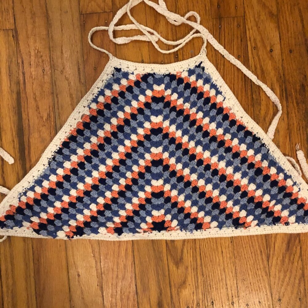 Crochet Festival Tie-Back Top | Purple Orange White | Adjustable Size Small